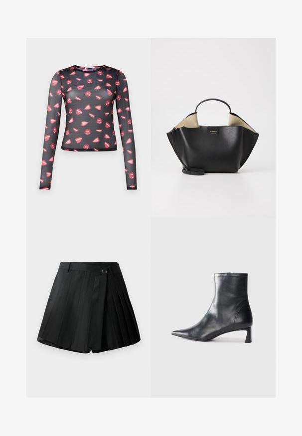 Garšs piedurkņu, caurspīdīgs melns tops ar atkārtotu sarkano lūpu rakstu un baltajiem akcentiem, pieguļošs dizains un apaļš kakla izgriezums.; Melnas plisētās šortos ar gludu priekšpusi, pogu aizdari un vieglu audumu. Apstrādāti ar izteiksmīgām plisēm un tīru apakšmalu.; Melnas ādas potītes zābaki ar norādītu pirkstu un elegantu dizainu. Iezīmē zemu papēdi un rāvējslēdzēja aizdari aizmugurē. Gluda tekstūra.; Ree Projects ANN TOTE MINI - Rokassoma - black