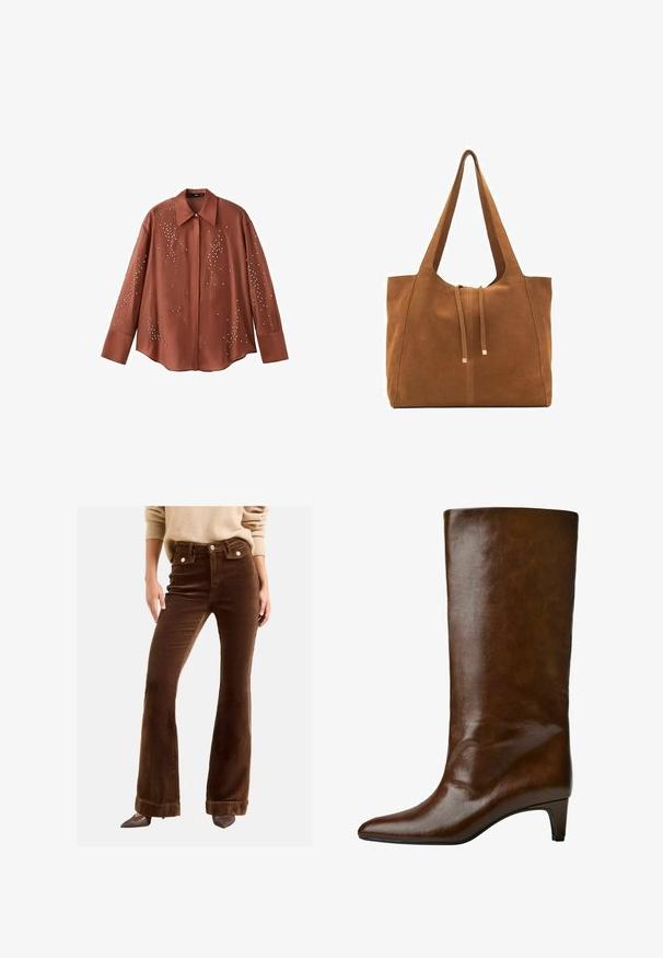 Dlhý rukáv, hrdzavooranžová blúzka z hladkej tkaniny, s vybíjaným golierom a rozptýlenými dekoratívnymi perlami na prednej strane.; Hnedé kordové nohavice s rozšírenými nohavicami majú vysoký pás, predné vrecká a zlatisté gombíkové akcenty. Materiál má jemnú, pruhovanú textúru.; Hnedá kožená vysoká čižma až po koleno s špicatou špičkou a zužujúcou sa pätou, s hladkou textúrou a jednoduchým dizajnom.; Hnedá semišová taška cez rameno s dvoma dlhými popruhmi, sťahovacou šnúrkou a minimalistickým dizajnom. Hladký povrch a žiadne viditeľné kovové doplnky.