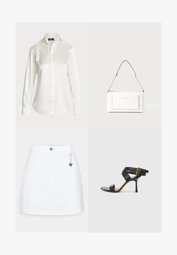 Fehér, hosszú ujjú, gombos ing, sima anyagból készült, klasszikus gallérral és visszafogott fényű felülettel, lekerekített hem és gomb részletekkel.; Fehér farmer szoknya illeszkedő derékkal, gombzárral, elülső zsebekkel és egy ezüstlánccal, amelyen egy kerek fekete charm található.; Fekete magassarkú szandál keresztpántos dizájnnal és állítható csattal. Simább felülettel és hegyes tűsarkúval rendelkezik.; Fehér bőr kézitáska, texturált felülettel, arany lánccal és fekete részletekkel. Elülső zsebbel és cipzáros zárással rendelkezik.