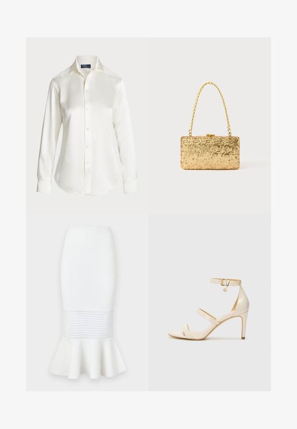 Vit långärmad skjorta med knappar, tillverkad av ett mjukt tyg, med en klassisk krage och diskret glans, med rundad nederkant och knappp detaljer.; Vit midi kjol gjord av ribbat material, med ett nätpanel vid fållen och en utsvängd botten. Slät textur med cirkulära utskärningar.; Beige högklackade sandaler med smal fotledsrem och två övre remmar. Blanka lackfinish och guldfärgade detaljer på fotledsremmen.; Guldpaljetterad kuvertväska med rektangulär form, utrustad med ett vridet kedjehandtag och ett metallspänne, som reflekterar ljus med en strukturerad yta.