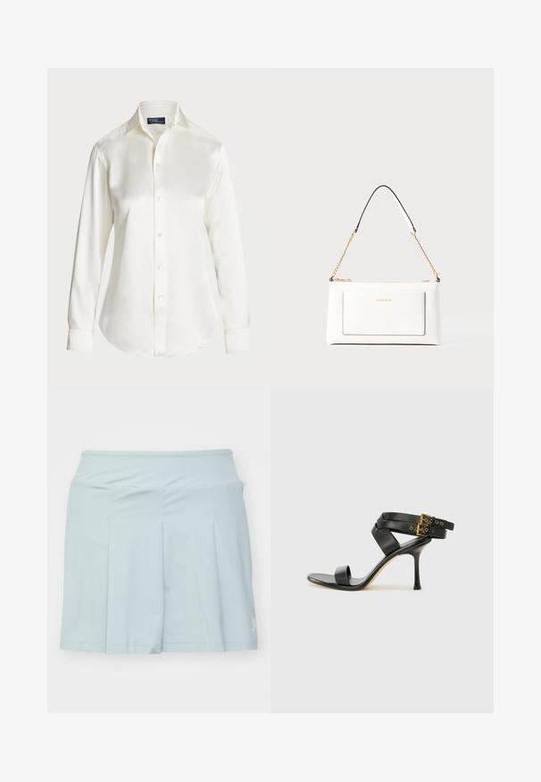 Fehér, hosszú ujjú, gombos ing, sima anyagból készült, klasszikus gallérral és visszafogott fényű felülettel, lekerekített hem és gomb részletekkel.; Világoskék sport szoknya széles derékpánttal, redős kialakítással és kis logóval a jobb alsó oldalon. Puha szövettextúra.; Fekete magassarkú szandál keresztpántos dizájnnal és állítható csattal. Simább felülettel és hegyes tűsarkúval rendelkezik.; Fehér bőr kézitáska, texturált felülettel, arany lánccal és fekete részletekkel. Elülső zsebbel és cipzáros zárással rendelkezik.