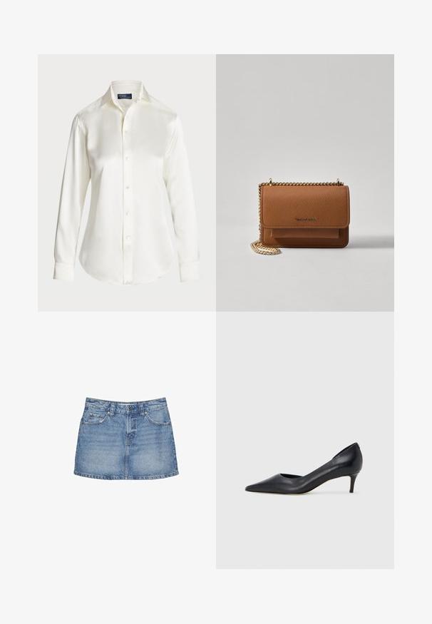 Camicia bianca a maniche lunghe, con bottoni, realizzata in tessuto morbido, caratterizzata da un colletto classico e una leggera lucentezza, con orlo arrotondato e dettagli con bottoni.; Gonna mini in denim di colore azzurro chiaro, con design a cinque tasche, chiusura a bottone e sottili sfumature per dare texture. Taglio dritto all'orlo.; Décolleté in pelle nera con punta affusolata e tacco basso. Presenta una texture liscia e una lucentezza sottile. Taglio aperto sulla parte anteriore per un dettaglio aggiuntivo.; Borsa a tracolla in pelle marrone con texture, dotata di catena dorata e chiusura a pattina. Sul davanti presenta un dettaglio con logo e una tasca sotto la pattina.