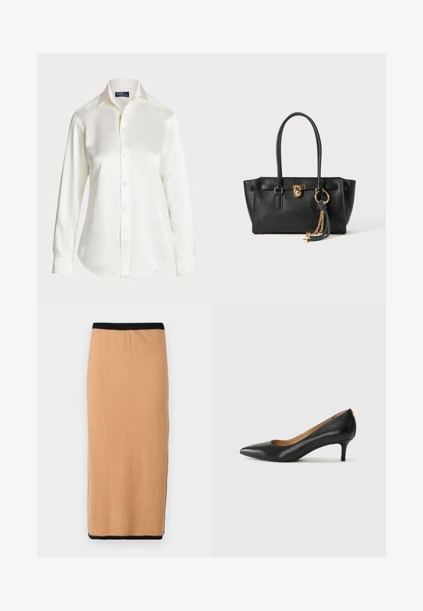 Fehér, hosszú ujjú, gombos ing, sima anyagból készült, klasszikus gallérral és visszafogott fényű felülettel, lekerekített hem és gomb részletekkel.; Térd alá érő, teveszínű kötött szoknya fekete elasztikus derékpánttal és sima textúrával. Egyszerű dizájn, nincsenek látható minták vagy kiegészítők.; Fekete bőrpumpa hegyes orral, alacsony sarokkal és sima felülettel. Elöl enyhe nyílással rendelkezik, hátul pedig minimális részletezéssel.; Fekete bőr kézitáska dupla fogantyúkkal, aranyzárral és lánc részletekkel, fekete-fehér bojt kiegészítővel, fehér háttéren.