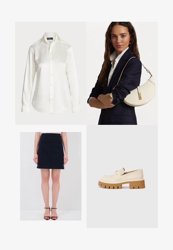 Camisa blanca de manga larga y botones, hecha de una tela suave, con un cuello clásico y un brillo sutil, con un dobladillo redondeado y detalles de botones.; Falda azul marino hasta la rodilla con cintura ajustada, tejido suave y bolsillos laterales discretos. Combinada con sandalias de tacón con tiras marrones.; Mocasines beige con una correa texturizada color crema, que presentan una suela marrón gruesa con patrones similares a dientes. Acento dorado en el detalle de la hebilla.; Bolso de mano de cuero blanco con forma curva, herrajes dorados y un acabado texturizado, llevado sobre un blazer oscuro y una camisa blanca.