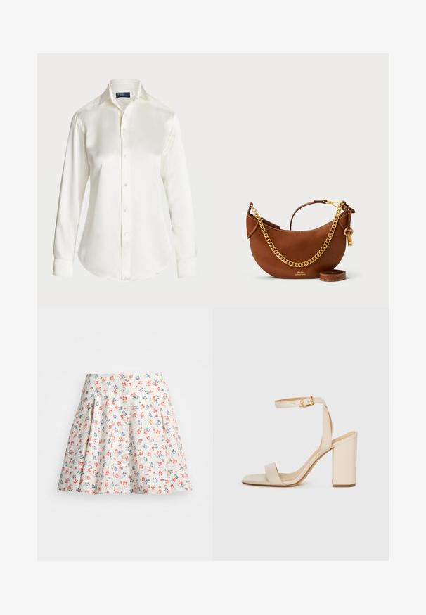 Fehér, hosszú ujjú, gombos ing, sima anyagból készült, klasszikus gallérral és visszafogott fényű felülettel, lekerekített hem és gomb részletekkel.; Krém színű virágos szoknya, piros és kék virágokkal. A vonalú szabás, deréknál redőkkel és gombos elülső záródással.; Beige színű magassarkú szandál négyzet alakú orral, vékony bokapánttal és tömbsarkúval. Simas bőrfelület arany csattal díszítve.; Barna bőr kézi táska íves kialakítással, arany lánc pánttal, belső zsebbel és leválasztható vállpánttal. Kontrasztos varrás jellemzi.