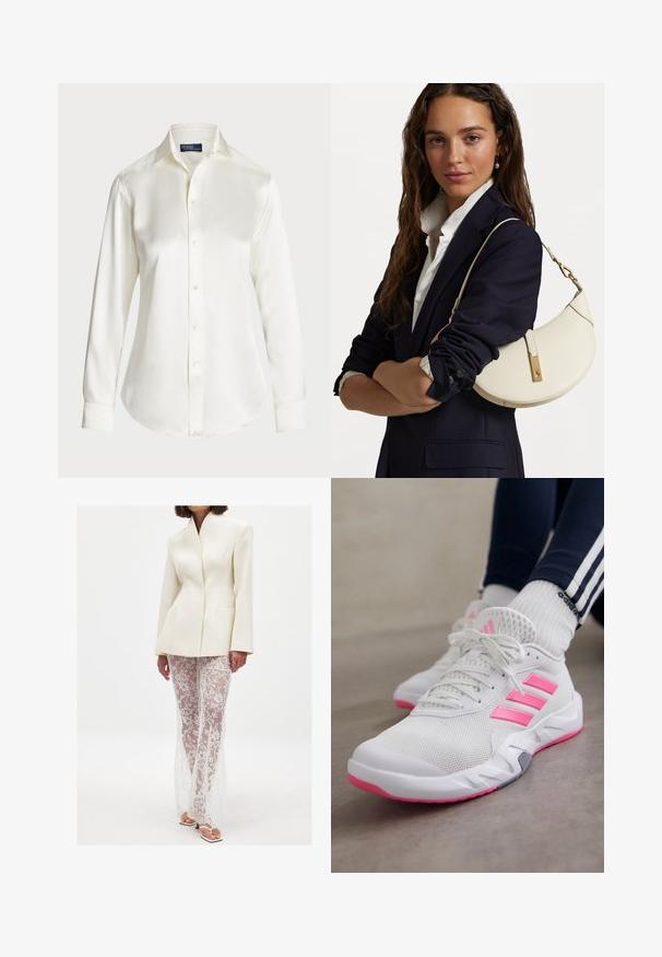 White long-sleeve button-up shirt, made of smooth fabric, featuring a classic collar and subtle shine, with a rounded hem and button details.; White structured blazer with sharp collar paired with long sheer lace pants featuring floral patterns and a form-fitting silhouette.; White athletic shoes with pink stripes and soles, worn with white Adidas socks and navy pants with white stripes, on a gray floor.; White leather handbag with a curved shape, gold hardware, and a textured finish, worn over a dark blazer and white shirt.