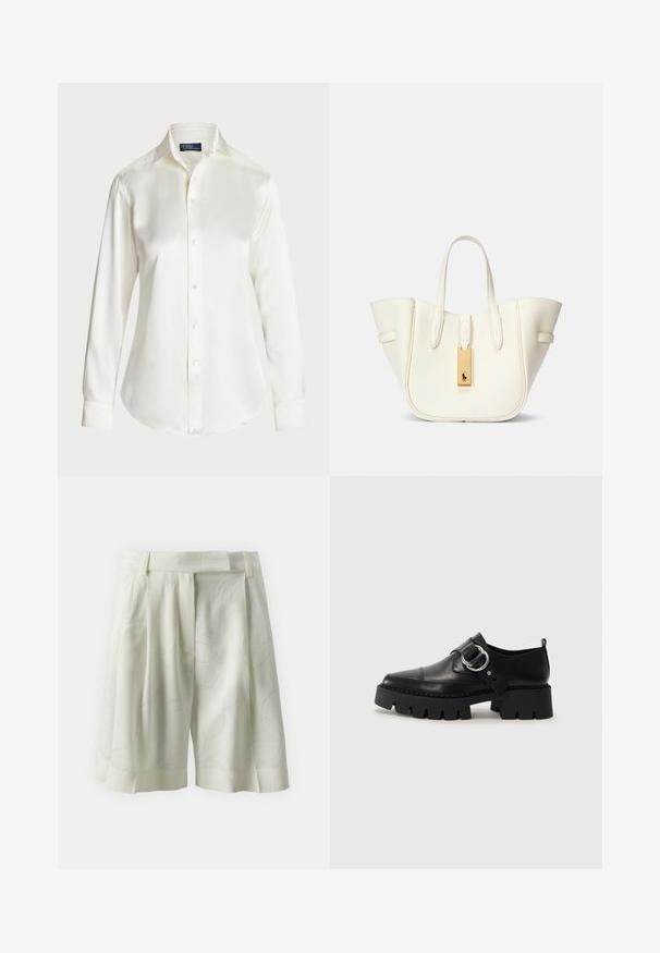 Chemise blanche à manches longues, en tissu lisse, avec un col classique et un léger éclat, dotée d'un ourlet arrondi et de détails de boutons.; Shorts plissés en tissu ivoire clair avec un motif abstrait subtil. Dotés d'une taille plate et d'une coupe décontractée, idéaux pour les temps chauds.; Chaussures noires en cuir avec une semelle épaisse et côtelée, présentant un accent en métal argenté circulaire et des détails de couture minimalistes.; Sac fourre-tout en cuir blanc avec une forme structurée, des coutures marquées, une étiquette en matériel doré et deux poignées. Surface texturée avec des poches latérales.