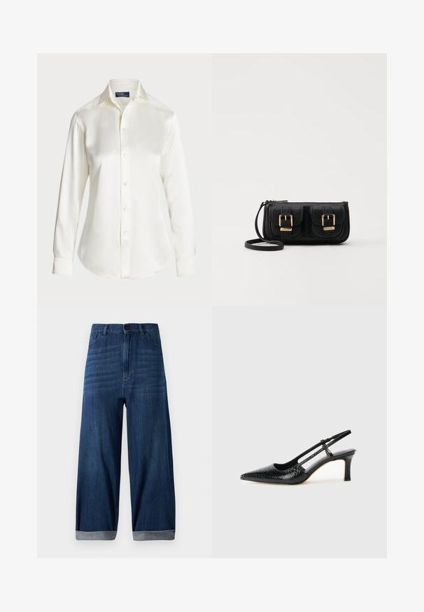 Balta ilgomis rankovėmis marškiniai su sagomis, pagaminti iš glotnaus audinio, su klasikinio tipo apykakle ir subtiliu blizgesiu, su apvaliu kraštu ir sagų detalėmis.; Tamsiai mėlynos plačios kojų džinsai su užlenktais apačiais, priekinis mygtukas ir kišenės ant šviesaus, vientiso fono.; Juodai lakuoti slingback aukštakulniai su smailiu nosiu, su tekstūruotu gyvatės raštu, reguliuojama juosta ir trumpu, tekstūruotu blokiniu kulnu.; Juodas odinis per petį nešiojamas krepšys su dviem priekiniais kišenėmis, auksiniais sagtimis, užtrauktuko uždarymu ir siauromis petnešomis. Textūruota paviršius ir kompaktiškas stačiakampis formatas.