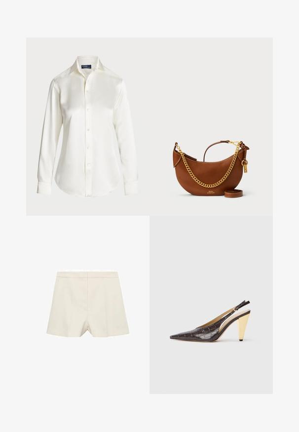 Weißes Langarm-Hemd mit Knopfleiste, aus glattem Stoff gefertigt, mit klassischem Kragen und sanftem Glanz, abgerundetem Saum und Knopfdetails.; Cremfarbene Shorts mit einer maßgeschneiderten Passform, die eine glatte Textur, eine flache Vorderseite und subtile Falten aufweisen. Schlichtes Design ohne Verzierungen.; Spitz zulaufender Slingback-Absatzschuh aus glänzendem, dunkelbraunem Kunstcrocodilleder. Verfügt über einen goldfarbenen geometrischen Absatz und einen verstellbaren Knöchelriemen.; Braune Lederhandtasche mit geschwungenem Design, goldener Kettenriemen, Innentasche und abnehmbarem Schulterriemen. Mit kontrastierenden Nähten.