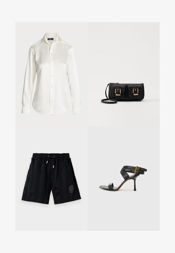 Balta garām piedurknēm pogājamā krekla, izgatavota no gludas auduma, ar klasisku apkakli un maigu spīdumu, noapaļotiem malām un pogu detaļām.; Melni sporta šorti ar elastīgu jostu un auklu, ar horizontālām svītrām un nelielu emblēmu kreisajā kājā.; Melna augsta papēža sāndele ar krustotiem siksniņām un regulējamu sprādzi. Iespēlēts gluds tekstūra un pakāpenisks stiletto papēdis.; Melnas ādas crossbody soma ar divām priekšējām kabatām, zelta sprādzēm, ar rāvējslēdzēju aizdari un šauru siksnu. Strukturēta virsma un kompakta taisnstūra forma.