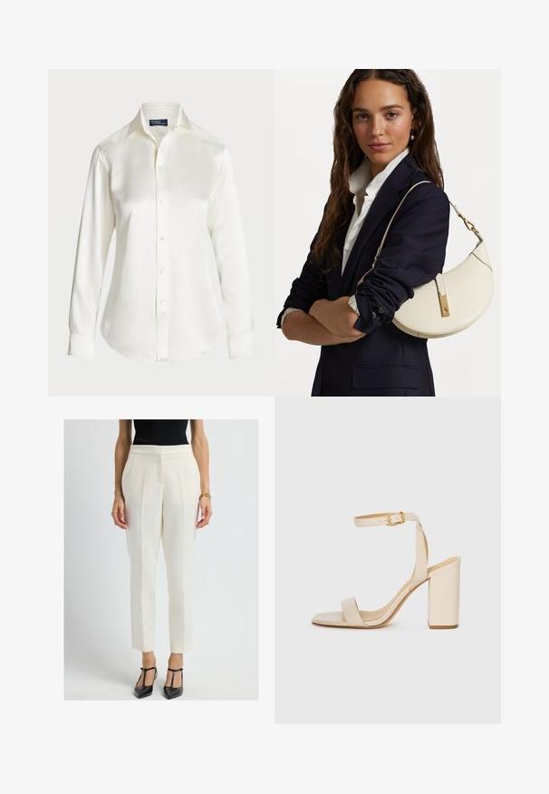 White long-sleeve button-up shirt, made of smooth fabric, featuring a classic collar and subtle shine, with a rounded hem and button details.; White tailored women's trousers with pleats, slim fit, and a smooth texture, paired with black patent leather heels.; Beige high-heeled sandal with a square toe, thin ankle strap, and block heel. Smooth leather texture with a gold buckle detail.; White leather handbag with a curved shape, gold hardware, and a textured finish, worn over a dark blazer and white shirt.