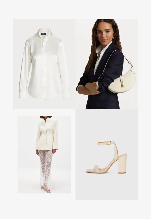 White long-sleeve button-up shirt, made of smooth fabric, featuring a classic collar and subtle shine, with a rounded hem and button details.; White structured blazer with sharp collar paired with long sheer lace pants featuring floral patterns and a form-fitting silhouette.; Beige high-heeled sandal with a square toe, thin ankle strap, and block heel. Smooth leather texture with a gold buckle detail.; White leather handbag with a curved shape, gold hardware, and a textured finish, worn over a dark blazer and white shirt.