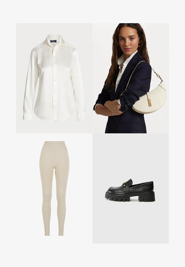 Camisa blanca de manga larga y botones, hecha de una tela suave, con un cuello clásico y un brillo sutil, con un dobladillo redondeado y detalles de botones.; Leggings beige hechos de una tela elástica con una cintura alta; textura suave, silueta ajustada, sin patrones visibles ni detalles de hardware.; Mocasines de cuero negro con una suela gruesa, que presentan un acento en tono dorado en la parte delantera y un acabado suave. Diseño de suela con dibujo grueso.; Bolso de mano de cuero blanco con forma curva, herrajes dorados y un acabado texturizado, llevado sobre un blazer oscuro y una camisa blanca.