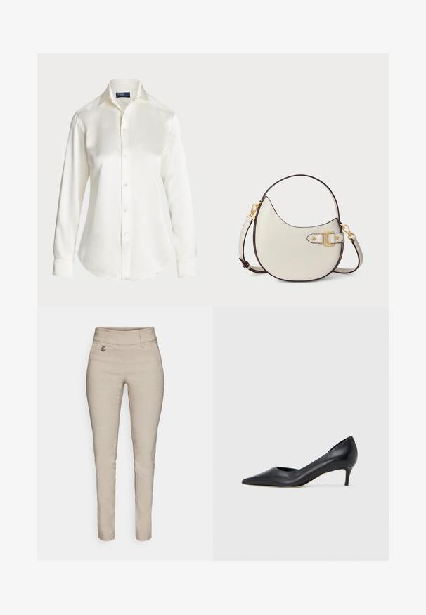 Fehér, hosszú ujjú, gombos ing, sima anyagból készült, klasszikus gallérral és visszafogott fényű felülettel, lekerekített hem és gomb részletekkel.; Beige slim fit nadrág magas derékkal, elülső zsebbel, díszvarrással és ezüstszínű részletekkel.; Fekete bőr magassarkú cipő hegyes orral és alacsony sarokkal. Sima felülettel és enyhe fényű kialakítással rendelkezik. Az elején nyitott részlet a fokozott díszítésért.; Krém bőr kézitáska ívelt formával és barna díszítéssel. Arany csattal és állítható pánttal rendelkezik, amely sokféle hordási lehetőséget biztosít.