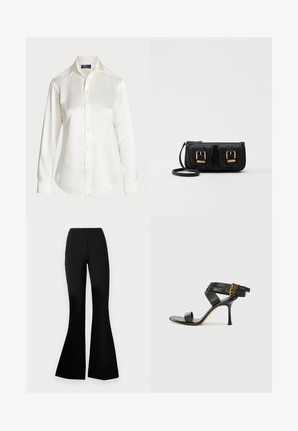 Balta garām piedurknēm pogājamā krekla, izgatavota no gludas auduma, ar klasisku apkakli un maigu spīdumu, noapaļotiem malām un pogu detaļām.; Diane von Furstenberg GREGORY PANTS - Auduma bikses - black; Melna augsta papēža sāndele ar krustotiem siksniņām un regulējamu sprādzi. Iespēlēts gluds tekstūra un pakāpenisks stiletto papēdis.; Melnas ādas crossbody soma ar divām priekšējām kabatām, zelta sprādzēm, ar rāvējslēdzēju aizdari un šauru siksnu. Strukturēta virsma un kompakta taisnstūra forma.