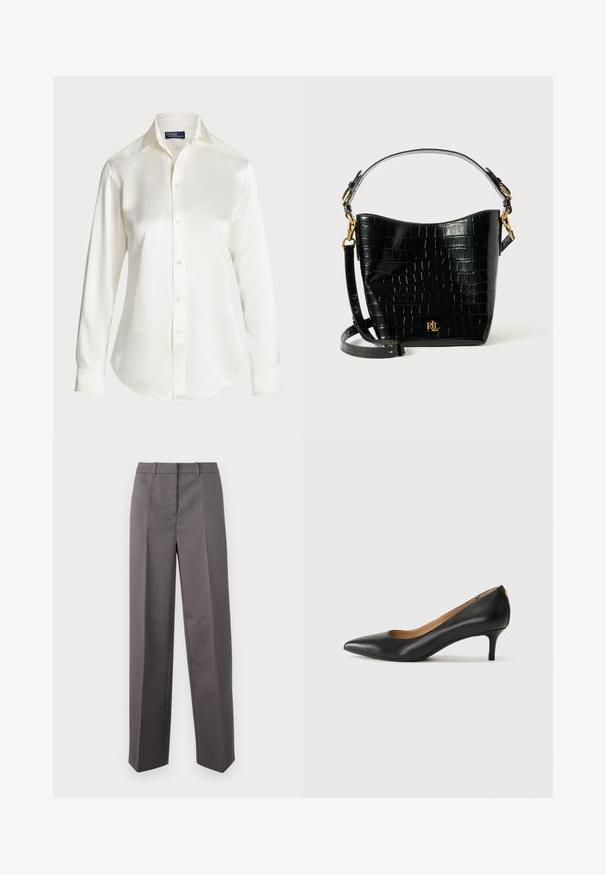 Hvid langærmet skjorte med knapper, lavet af glat stof, med en klassisk krave og subtil glans, rundet kant og knappedetaljer.; Grå skræddersyede bukser lavet af struktureret stof, med lige ben, flad front og bæltestropper.; Sorte læderpumper med spids tå, lav hæl og en glat tekstur. Har en let åbning foran og minimal hardware bagpå.; Sort lædertaske med krokodilleprægning, rundet form, guldhardware-detaljer, justerbar rem og logodekal foran.