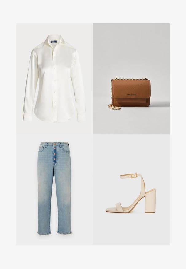 Bílá košile s dlouhým rukávem a knoflíkovým zapínáním, vyrobená z hladkého materiálu, s klasickým límcem a jemným leskem, s zaobleným spodním lemem a detaily na knoflících.; Světle modré džíny s vysokým pasem, pěti knoflíkovým zapínáním a třepeným lemem. Mají zadní kapsy a uvolněný, rovný střih nohavic.; Béžová sandál s vysokým podpatkem, čtveratou špičkou, tenkým kotníkovým páskem a blokovým podpatkem. Hladká kožená textura s detaily ve zlaté barvě.; Hnědá texturovaná kožená kabelka přes rameno se zlatým řetízkovým popruhem a klopnovým uzavíráním. Přední strana obsahuje detail loga a kapsu pod klopou.