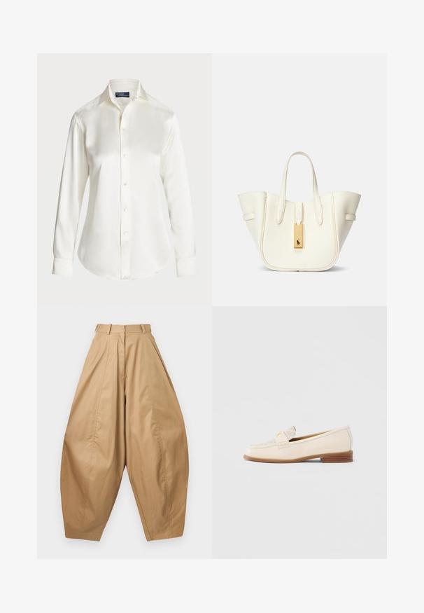 Chemise blanche à manches longues, en tissu lisse, avec un col classique et un léger éclat, dotée d'un ourlet arrondi et de détails de boutons.; Pantalons beiges taille haute, jambes larges avec des plis, passants de ceinture et ourlets fuselés, présentés sur un fond blanc.; Mocassin en cuir beige avec dessus texturé, bride décorative et petit talon. Présente un design minimaliste et un détail de logo subtil.; Sac fourre-tout en cuir blanc avec une forme structurée, des coutures marquées, une étiquette en matériel doré et deux poignées. Surface texturée avec des poches latérales.