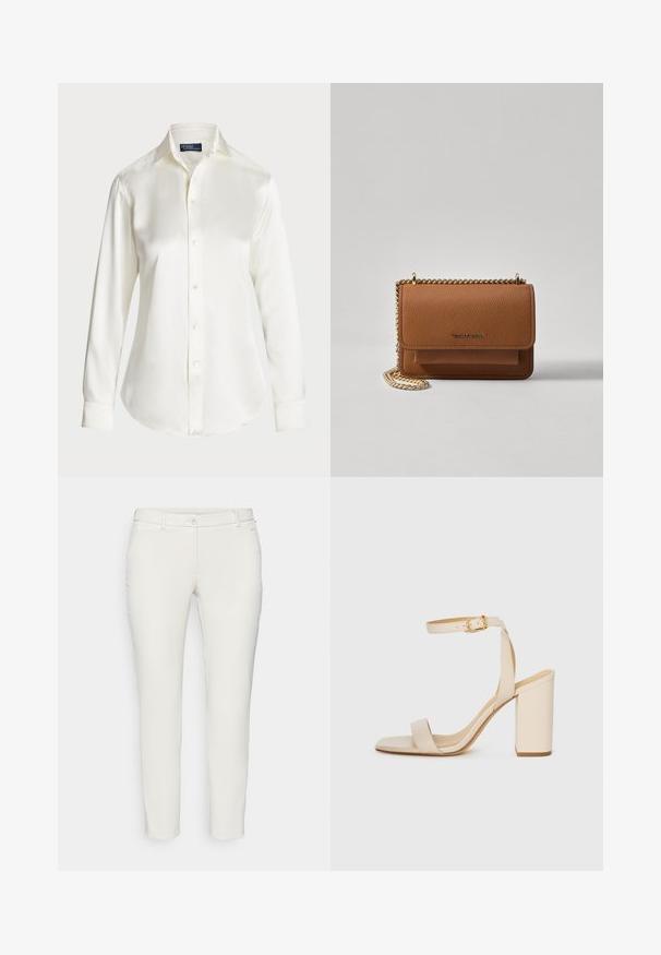 Balta garām piedurknēm pogājamā krekla, izgatavota no gludas auduma, ar klasisku apkakli un maigu spīdumu, noapaļotiem malām un pogu detaļām.; Baltas šaurais džinsiem, izgatavoti no gludas auduma, ar pogu aizdari, divām priekšējām kabatām un smalku logotipa akcentu tuvumā jostasvietā.; Bežīgas augstpapēžu sandales ar kvadrātu purngalu, plānu potītes siksnu un blokveida papēdi. Gluda ādas tekstūra ar zelta sprādzi.; Brūna teksturēta ādas plecu soma ar zelta ķēdes siksnu un atloka aizdari. Priekšpusē ir logotipa detaļa un kabata zem atloka.