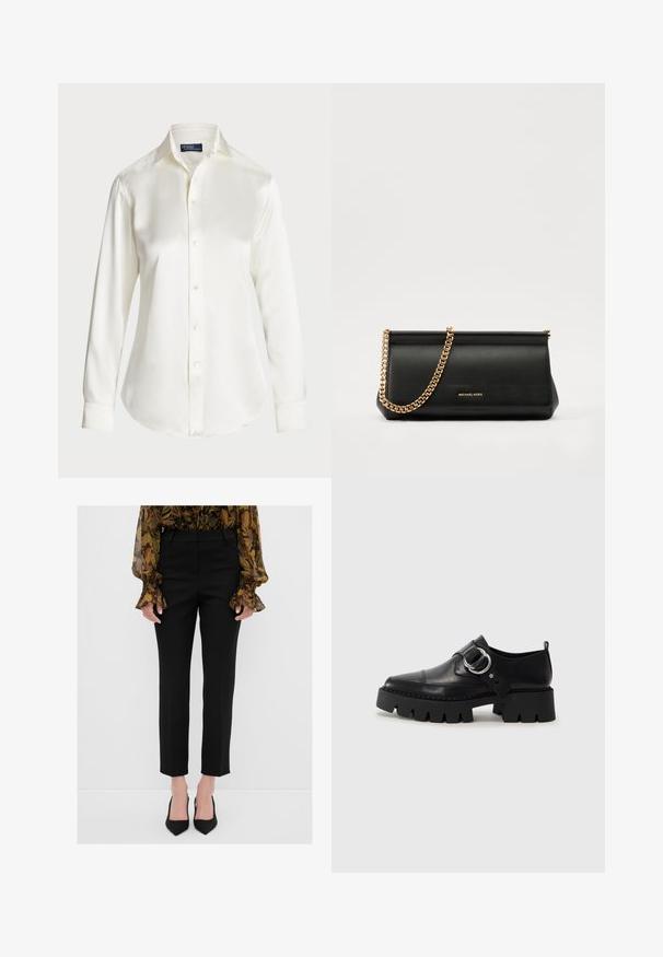 Witte lange mouwen overhemd met knopen, gemaakt van een gladde stof, met een klassieke kraag en subtiele glans, met een ronde zoom en knoopdetails.; Zwarte op maat gemaakte broek met een rechte pijp, gladde stof, middelhoge tailleband en een minimalistisch ontwerp. Heeft geen zichtbare materialen of patronen.; Zwarte leren schoenen met een robuuste, geribbelde zool, voorzien van een ronde zilveren hardwareaccent en minimale stikdetails.; Zwarte leren clutch tas met een gouden kettinghengsel, voorzien van een gladde textuur, rechthoekige vorm en reliëfmerk op de voorkant.