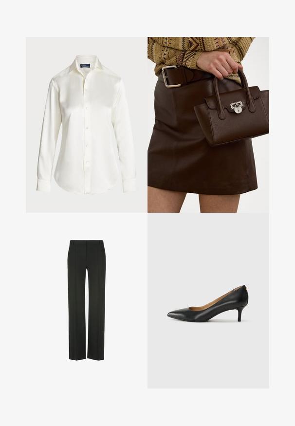 Balta ilgomis rankovėmis marškiniai su sagomis, pagaminti iš glotnaus audinio, su klasikinio tipo apykakle ir subtiliu blizgesiu, su apvaliu kraštu ir sagų detalėmis.; Juodos, plačios kojos kelnės, pagamintos iš lygaus audinio; turi plokščią priekį su raukšlėmis, diržo kilpas ir pritaikytą siluetą.; Juodos odinės aukštakulnės bateliai su smailiu nosiu, žemu kulnu ir lygiu paviršiumi. Priekyje yra nedidelis atvirumas, o gale minimalus apdaila.; Ruda oda rankinė su tekstūruotu paviršiumi ir sidabrinėmis detalėmis, laikoma rankoje šalia rudos odinės sijono ir raštuoto megztinio.