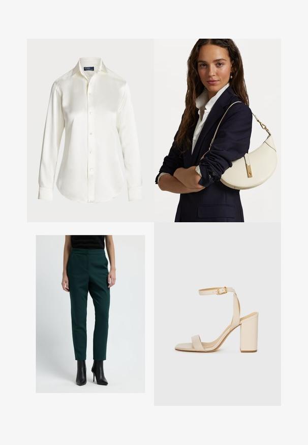 Witte lange mouwen overhemd met knopen, gemaakt van een gladde stof, met een klassieke kraag en subtiele glans, met een ronde zoom en knoopdetails.; Donkergroene op maat gemaakte broeken met een slim fit, gemaakt van een gladde stof. Heeft een hoge taille en zijzakken, gecombineerd met zwarte haklaarzen.; Beige hoge hakken sandaal met een vierkante neus, dunne enkelband en blokhak. Gladde leren textuur met een gouden sluiting.; Witte leren handtas met een ronde vorm, gouden details en een gestructureerde afwerking, gedragen over een donkere blazer en een wit shirt.