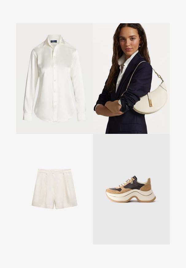White long-sleeve button-up shirt, made of smooth fabric, featuring a classic collar and subtle shine, with a rounded hem and button details.; White shorts made of a smooth fabric, featuring a pleated design, side pockets, and a hem that falls just above the knee.; Chunky sole sneaker in beige and dark brown with suede accents, white laces, and a small gold MK charm on the side.; White leather handbag with a curved shape, gold hardware, and a textured finish, worn over a dark blazer and white shirt.