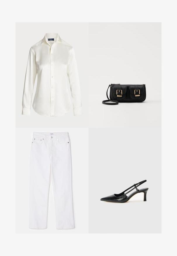 Camisa blanca de manga larga y botones, hecha de una tela suave, con un cuello clásico y un brillo sutil, con un dobladillo redondeado y detalles de botones.; Pantalones de mezclilla blancos con un diseño de pierna recta, que presentan una clásica disposición de cinco bolsillos y acentos de hardware plateado en la cinturilla.; Tacón slingback negro de charol con punta afilada, que presenta un estampado de serpiente texturizado, correa ajustable y un tacón bloque corto y texturizado.; Bolso cruzado de cuero negro con dos bolsillos frontales, hebillas doradas, cierre de cremallera y una correa delgada. Superficie texturizada y forma rectangular compacta.