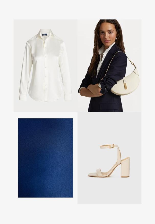 Biała koszula z długim rękawem, zapinana na guziki, wykonana z gładkiego materiału, z klasycznym kołnierzykiem i delikatnym połyskiem, z zaokrąglonym dołem i detalami w postaci guziczków.; Głęboki niebieski materiał o gładkiej, lekko lśniącej teksturze. Jednolity kolor z subtelnymi różnicami odcieni, co nadaje mu bogaty wygląd.; Beżowe sandały na obcasie z kwadratowym noskiem, cienkim paskiem na kostce i słupkowym obcasem. Gładka skórzana faktura z detalem w postaci złotej klamry.; Biała skórzana torebka o zakrzywionym kształcie, ze złotymi akcentami i strukturalnym wykończeniem, noszona na ciemnej marynarce i białej koszuli.