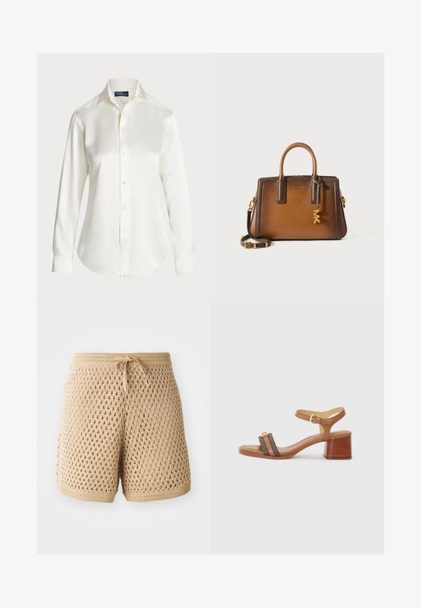 Balta ilgomis rankovėmis marškiniai su sagomis, pagaminti iš glotnaus audinio, su klasikinio tipo apykakle ir subtiliu blizgesiu, su apvaliu kraštu ir sagų detalėmis.; Šviesiai rudos spalvos nėriniuoti šortai su sudėtingu deimanto raštu, su reguliuojamu juosmeniu ir iškiliais kraštais. Lengvas ir kvėpuojantis audinys.; Rudos odinės šlepetės su kvadratine nosimi, dviem tamsiai rudos spalvos dirželiais ir auksine sagtimi. Yra stambus blokinis kulnas ir glotni odos tekstūra.; Ruda odinė rankinė, pasižyminti dviem viršutiniais rankenomis, nuimama petneša, auksinėmis detalėmis ir dekoratyvine pakaba su raidėmis "MK."