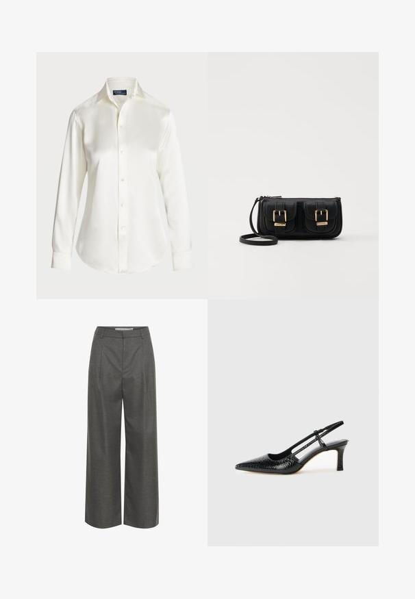 White long-sleeve button-up shirt, made of smooth fabric, featuring a classic collar and subtle shine, with a rounded hem and button details.; Gray wide-leg trousers made of textured fabric, featuring a high waist and front pleats, with no visible pockets or hardware details.; Black patent slingback heel with a pointed toe, featuring textured snake print, adjustable strap, and a short, textured block heel.; Black leather crossbody bag with two front pockets, gold buckles, zipper closure, and a slim strap. Textured surface and compact rectangular shape.