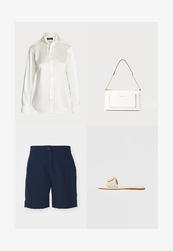 Valge pikkade varrukatega nööstatud särk, valmistatud siledast kangast, klassikalise kraega ja delikaatse sära ning ümarate servade ja nööbiga detailidega.; Tumed sinised lühikesed püksid siledast kangast, elastse vöökohaga, esitaskutega ja lihtsa, sirge säärekujundusega.; Liugesandaal, millel on beež rihm geomeetrilise mustriga, ülaosal ümmargune kollane aktsent ja lame, helepõhjaga tald.; Valge nahast kott tekstureeritud viimistlusega, millel on kuldne kettling ja mustad aktsendid. Include eesmine tasku ja tõmblukk.