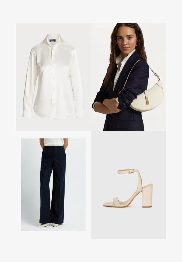 Witte lange mouwen overhemd met knopen, gemaakt van een gladde stof, met een klassieke kraag en subtiele glans, met een ronde zoom en knoopdetails.; Vrouw in marineblauwe gestreepte wijde broek en witte puntige hakken voor een effen achtergrond.; Beige hoge hakken sandaal met een vierkante neus, dunne enkelband en blokhak. Gladde leren textuur met een gouden sluiting.; Witte leren handtas met een ronde vorm, gouden details en een gestructureerde afwerking, gedragen over een donkere blazer en een wit shirt.