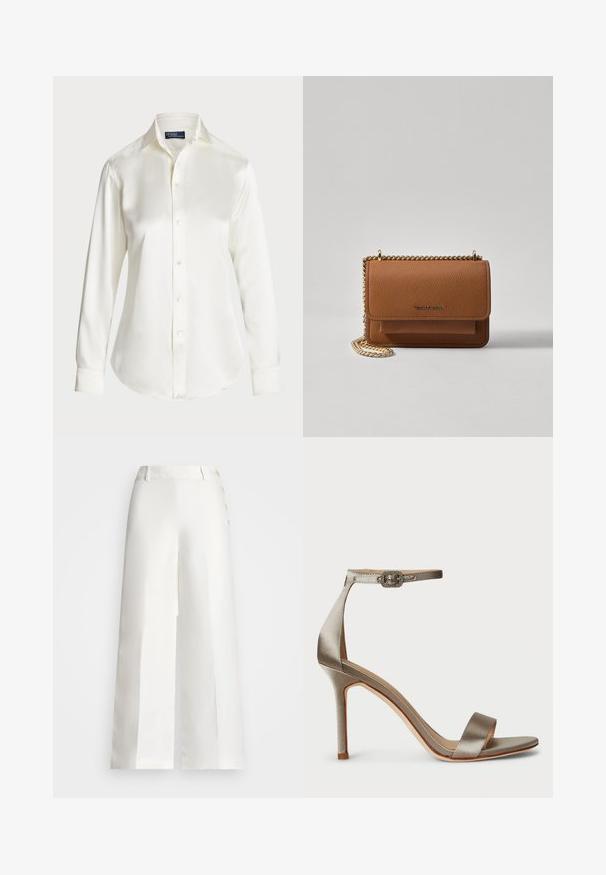 Balta ilgomis rankovėmis marškiniai su sagomis, pagaminti iš glotnaus audinio, su klasikinio tipo apykakle ir subtiliu blizgesiu, su apvaliu kraštu ir sagų detalėmis.; Lauren Ralph Lauren BASHRALLE CROPPED FLAT FRONT - Kelnės - white; Sidabrinės atlasinės aukštakulnės sandalai su kulkšnies dirželiu, puošiančiu sagtimi. Atviras pirštas ir plonas, elegantiškas dizainas.; Ruda tekstūruota odinė per petį nešama rankinė su auksiniu grandininiu dirželiu ir užlenkiamo užsegimo. Priekinėje pusėje yra logotipo detalė ir kišenė po užlenkimu.