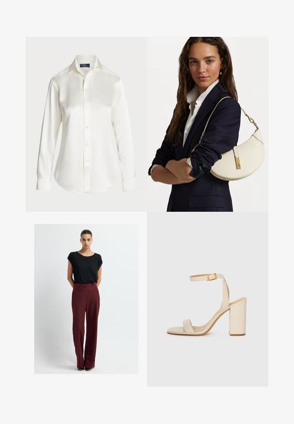 Weißes Langarm-Hemd mit Knopfleiste, aus glattem Stoff gefertigt, mit klassischem Kragen und sanftem Glanz, abgerundetem Saum und Knopfdetails.; Schwarzes T-Shirt mit kurzen Ärmeln kombiniert mit hoch taillierten, maßgeschneiderten burgunderfarbenen Hosen. Der Stoff wirkt glatt, mit lockerem Sitz und klaren Linien.; Beige High Heel Sandale mit quadratischer Zehenform, dünnem Knöchelriemen und Blockabsatz. Glatte Lederstruktur mit goldener Schnallendetail.; Weißes Lederhandtasche mit geschwungener Form, goldenen Beschlägen und strukturiertem Finish, getragen über einem dunklen Blazer und einem weißen Hemd.