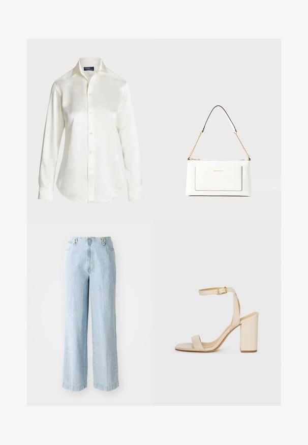 Bela dolgimi rokavi gumbasta srajca, izdelana iz gladkega materiala, z klasičnim ovratnikom in rahlim sijajem, okroglo krojena z gumbnimi detajli.; sandro Ravne kavbojke - bleu jean; Bež visoke sandale s kvadratnim nosom, tankim trakicama okoli gležnja in blok peto. Gladka usnjena tekstura s podrobnostjo v zlati barvi.; Bela usnjena torbica z teksturirano površino, ki vključuje zlat pas in črne detajle. Ima sprednji žep in zadrgo.