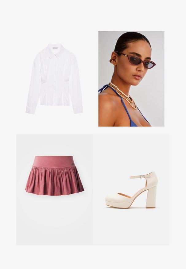 Blouse blanche à manches longues avec un col classique, fermeture à boutons sur le devant et détail froncé sur le côté. Tissu lisse avec une coupe ajustée.; Jupe en coton rose avec une taille élastique, présentant des détails froncés et une forme évasée. Texture lisse, design mi-jupe.; Talons compensés de couleur crème avec un bout rond et une bride de cheville réglable. Présente un talon épais avec une légère accent en bois.; Lunettes de soleil marron en forme de chat avec des verres foncés, colliers en perles brunes délicats, et un haut en tissu bleu. Peau lisse avec un fini naturel.