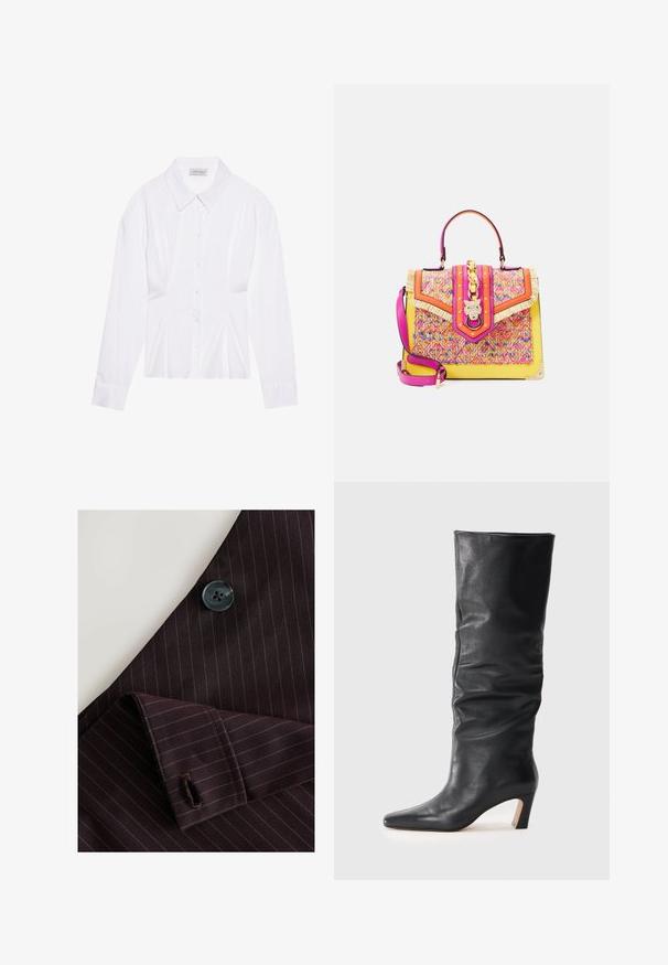 Balta ilgomis rankovėmis bluzelė su klasikiniu apykaklės dizainu, priekyje su sagų uždarymu ir susiraukšlėjimu šoniniuose detalėse. Lygaus audinio, pritaikyta forma.; Bordo dryžuota medžiaga su juodu mygtuku ir pritaikytu rankogaliu. Apima smulkias dryželes ir siuvinėtas mygtuko skylutės detales.; Juodas odinis vidutinio ilgio aulinukas su šiek tiek nusėdusia aulu ir smailia nosimi šviesiame fone.; ALDO Rankinė - pink/multi-coloured