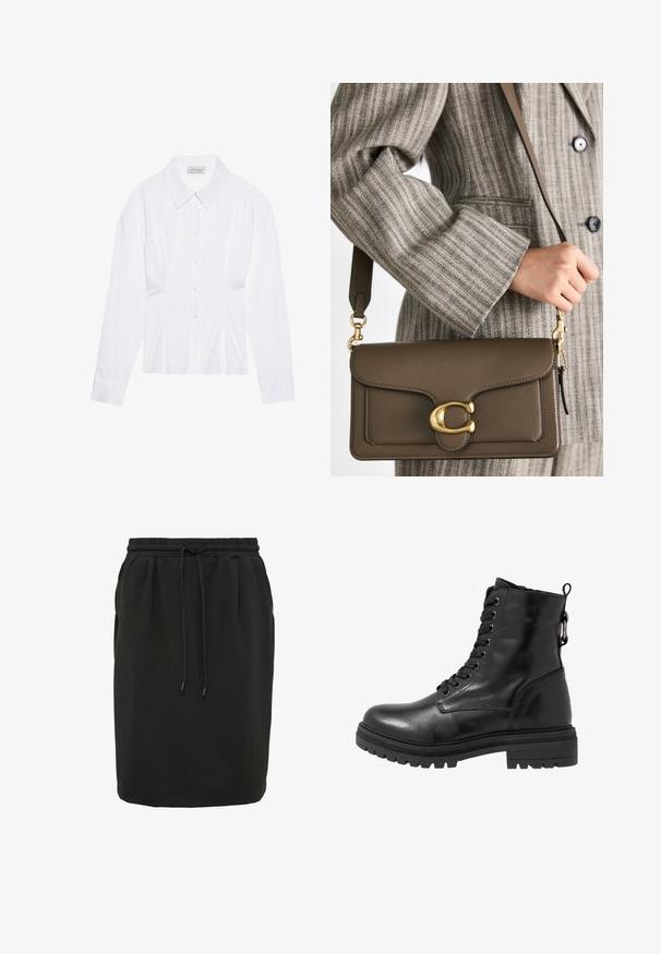 Witte blouse met lange mouwen en een klassieke kraag, met een sluiting aan de voorkant met knopen en geplooide details aan de zijkant. Glad materiaal met een getailleerde pasvorm.; Zwarte rok van zachte stof, met een elastische tailleband en een trekkoord, en zijzakken. Rechte snit en eenvoudig ontwerp.; Zwarte leren enkelboot met ronde neus, vetersluiting aan de voorkant en een getextureerde rubberen zool. Hij heeft een lus aan de achterkant en versterkte stiksels.; COACH TABBY SHOULDER BAG 26 - Handtas - dark stone