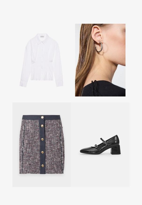 Valge pikkade varrukatega pluus klassikalise kraega, ees nööbiga sulgemine ja kokkuvõetud külgedega detail. Sile kangas ja kohandatud lõige.; Kootud tweedi seelik tumesinisel, punasel ja valgel. Omadusteks on julge vöökoht, eesmine nööpidega sulgur ja küljetaskud. Tekstureeritud kangas peente mustritega.; Mustad muste nahast Mary Jane kingad terava ninaga, kahe reguleeritava rihmaga ja paksu plokkniidi kontsaga. Sile tekstuur ja läikiv viimistlus.; Hõbedane rõngas kõrvarõngas poleeritud viimistlusega, millel on väikesed kuldsed aktsendid ja ümmargune kuju, kantud lobus.