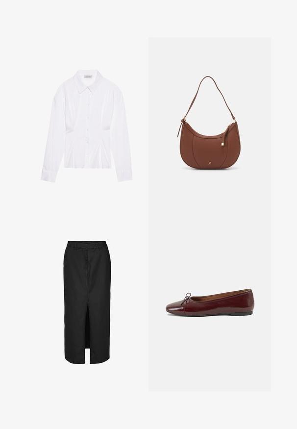 Witte blouse met lange mouwen en een klassieke kraag, met een sluiting aan de voorkant met knopen en geplooide details aan de zijkant. Glad materiaal met een getailleerde pasvorm.; Zwarte midi-jurk met een voorste split, gemaakt van een lichtgewicht stof. Voorzien van een klassieke taille en subtiele zijzakken.; Bordeaux gepatenteerd lederen ballerina met een ronde neus, een klein strikaccent aan de voorkant en een lage, zwarte rubberen zool. Glad textuur.; Bruine faux leren schoudertas met een gebogen vorm, minimale stiksels en een gouden hardware-accent. Voorzien van een bovenste ritsluiting en een verstelbare schouderband.