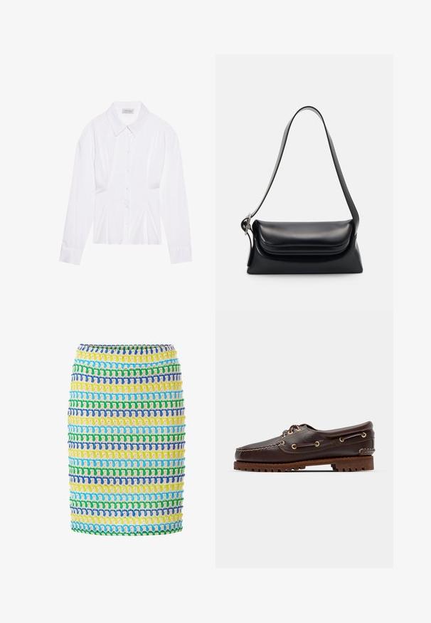 Biała bluzka z długim rękawem, klasycznym kołnierzykiem, zapięciem na guziki z przodu i marszczeniem po bokach. Gładki materiał o dopasowanym kroju.; Ołówkowa spódnica dziana w wielokolorowe paski w odcieniach żółci, niebieskiego, zielonego i bieli. Charakteryzuje się teksturowanym, ażurowym splotem.; Brązowe skórzane buty w stylu boat shoe z złotymi oczkami, okrągłymi sznurowadłami oraz teksturowaną brązową gumową podeszwą. Zawierają przeszycia i wypukłe logo.; Czarna skórzana torebka o zorganizowanym kształcie, gładkiej fakturze i pojedynczym pasku na ramię. Posiada subtelną, zaokrągloną klapkę.