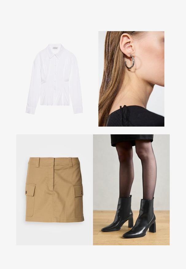 Hvit langermet bluse med klassisk krage, knapper foran og samlet detalj på siden. Glatt stoff med en skreddersydd fasong.; Khaki bomullsskjørt med høy midje, to sidelommer med klaffelukking og rett snitt. Holdbart stoff med en glatt tekstur.; Sorte ankelstøvler i skinn med spiss tå, chunky firkantet hæl, og slank design. Har elastiske sidede paneler for enkel påføring.; Sølv ringøredob med en polert finish, med små gull detaljer og en rund form, båret på øreflippen.