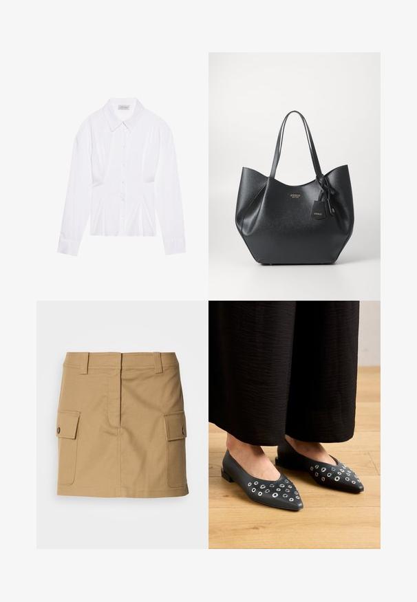 Biela blúzka s dlhým rukávom a klasickým golierom, so zapínaním na gombíky vpredu a detailom so zberaním na boku. Hladká tkanina s prispôsobeným strihom.; Khaki bavlnená sukňa s priliehavým pásom, dvojitými bočnými vreckami so sklopnými uzávermi a rovný strih. Odolná tkanina s hladkou textúrou.; Čierne kožené baleríny s špicatou špičkou, ozdobené kovovými očkami rôznych veľkostí a s nízkym štvorcovým podpätkom. Hladký povrch na drevenej podlahe.; Čierna taška na rameno vyrobená z textúrovaného syntetického materiálu s širokým siluetom, s dvojitými uchami a detailom s logom.; Strieborná kruhová náušnica s lesklým povrchom, obsahujúca malé zlaté akcenty a okrúhly tvar, nosená na lalôčiku ucha.