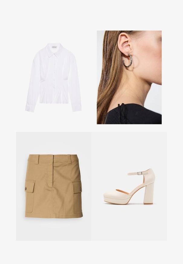 Vit långärmad blus med klassisk krage, framtill knäppning och insidan med rynkning. Slät tyg med skräddarsydd passform.; Kaki bomullskjol med figursydd midja, dubbla sidofickor med klaffstängning och rak skärning. Hållbart tyg med en slät yta.; Krämfärgade platåklackar med rund tå och justerbart vristband. Har en kraftig blockklack med en lätt träfinish.; Silverörhänge med polerad yta, med små detaljer i guld och rund form, bärs på loben.