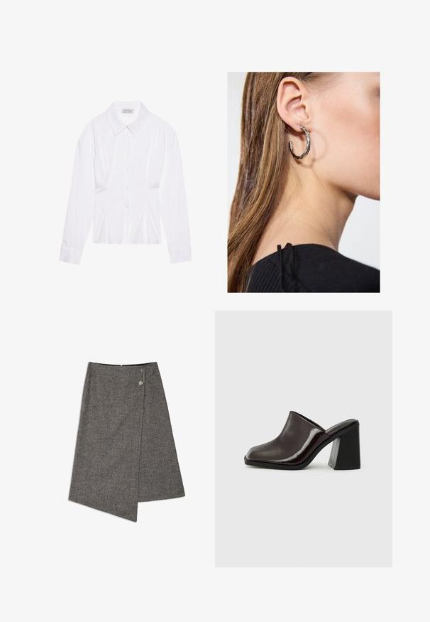 Weiße Bluse mit langen Ärmeln, klassischem Kragen, vorderer Knopfleiste und gerafftem Seitendetail. Glattes Material mit taillierter Form.; Grauer Fischgrätrock mit asymmetrischem Saum, ausgestattet mit einer Metallakzentnadel und einem verdeckten Reißverschluss auf der Rückseite.; Dunkelburgunderfarbene Leder-Mules mit quadratischer Spitze, glänzender Oberfläche und einem klobigen, strukturierten schwarzen Blockabsatz. Schlichtes Design, zum Hineinschlüpfen.; Silberne Creolen mit polierter Oberfläche, die kleine goldene Akzentdetails und eine runde Form aufweisen, am Ohrläppchen getragen.