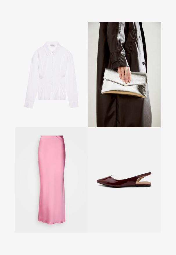 Bílá halenka s dlouhými rukávy a klasickým límečkem, zapínání na knoflíky vpředu a naříznutím po stranách. Hladká tkanina s tvarovaným střihem.; Růžová saténová maxi sukně s elegantním designem, hladkou texturou a fitted siluetou, s vysokým pasem a bez viditelných zámků.; Burgundy lakované slingback baleríny s špičatou špičkou, průhledným výřezem a plochou černou podrážkou. Hladký povrch, minimalistický design.; Stříbrná metalická kabelka ve tvaru klínového obálkového designu, hladké textury a s kontrastní barvou uvnitř, držena v ruce s černým kabátem.; Stříbrný kruhový náušník s lesklým povrchem, zdobený malými zlatými akcenty, v kulatém tvaru, nošený na lalůčku.