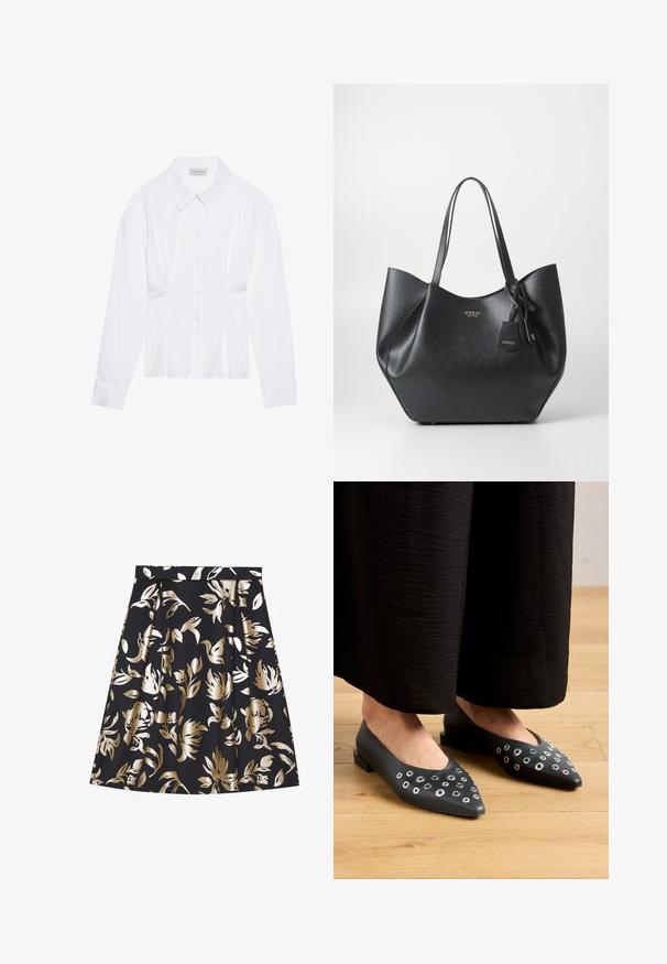 Hvit langermet bluse med klassisk krage, knapper foran og samlet detalj på siden. Glatt stoff med en skreddersydd fasong.; Anna Field A-line skjørt - black; Sorte lærersandaler med spiss tå, som har metalløye-detaljer i forskjellige størrelser, og en lav firkantet hæl. Glatt tekstur på tregulv.; Svart tote bag laget av teksturert syntetisk materiale med en bred silhuett, med doble håndtak og detaljer med merkevedheng.