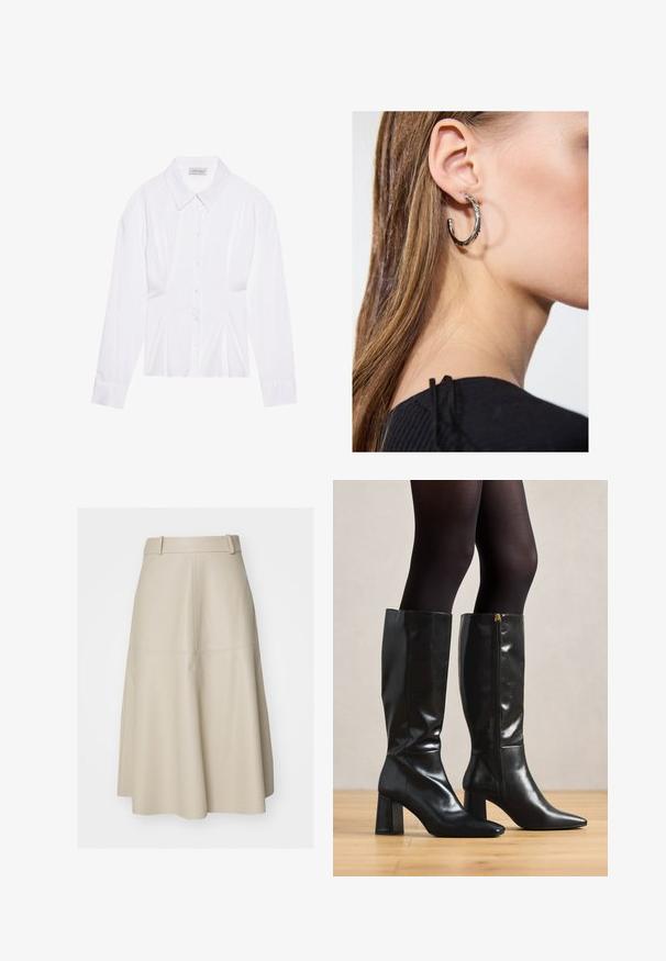 Hvid langærmet bluse med klassisk krave, knaplukning foran og samlede side detaljer. Glat stof med en skræddersyet form.; Beige læder A-linje skørt med en tætsiddende talje, subtil tekstur og sømdetaljer, der falder til midt på læggen.; Knæhøje sorte læderstøvler med en blank finish, spids tå og kraftig hæl. Side lynlåsdetalje for nem påklædning.; Sølv hoop ørestik med en poleret overflade, prydet med små guld accenter og en rund form, båret på øreflippen.