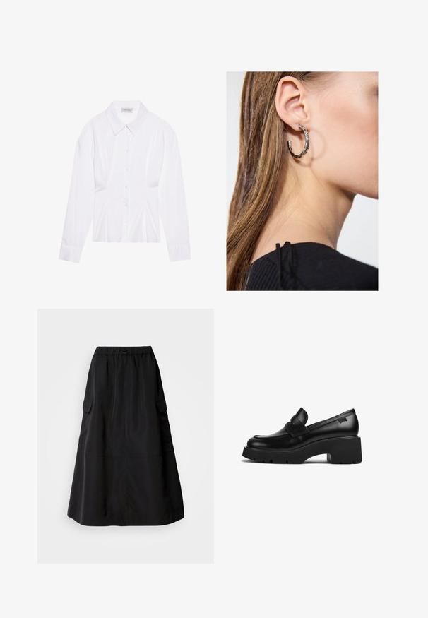 Hvit langermet bluse med klassisk krage, knapper foran og samlet detalj på siden. Glatt stoff med en skreddersydd fasong.; Svart skjørt med løs passform, laget av glatt stoff. Har elastisk midjebånd og to siden cargo-lommer. Halvlengdes design.; Svart lær loafer med tykke hæler og tykt såle med en stroppdetalj over toppen, vist fra siden på en hvit bakgrunn.; Sølv ringøredob med en polert finish, med små gull detaljer og en rund form, båret på øreflippen.